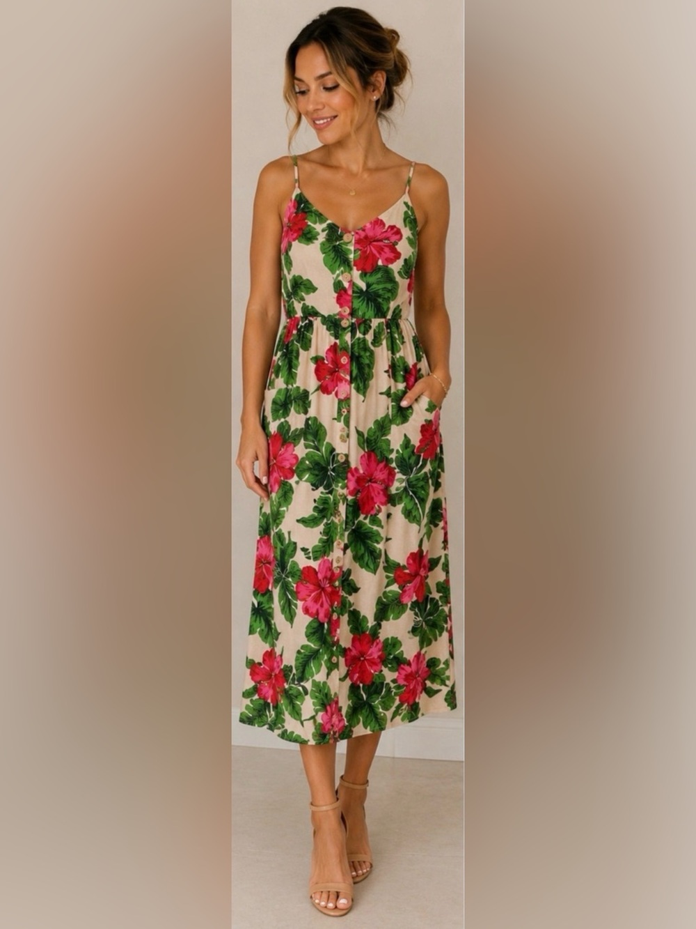 One Clothing LA Tropical Hibiscus Floral Midi Dress Pockets Size Small